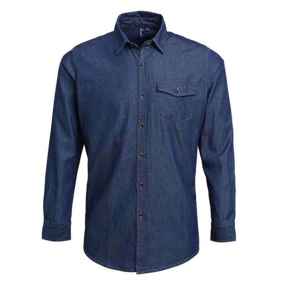 Premier Mens Denim Contrast Stitching Shirt / Indigo Denim